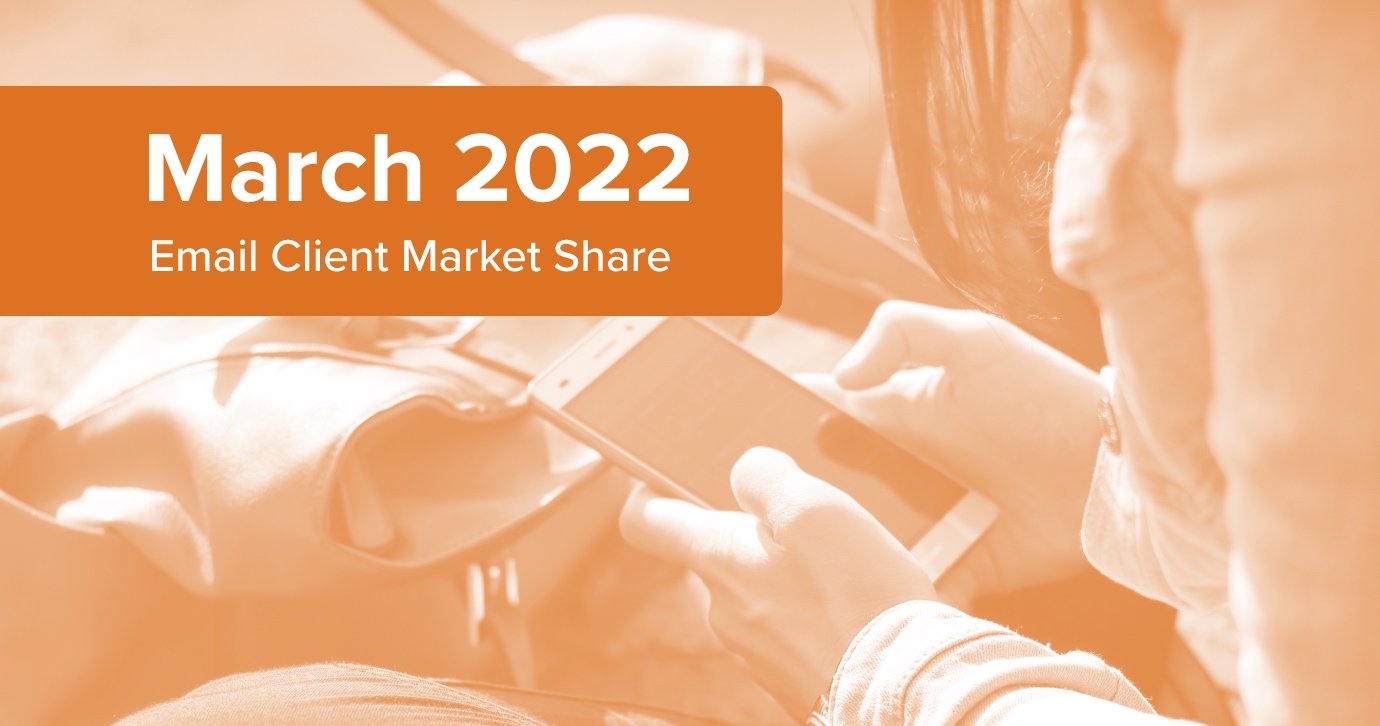 Image of person using mobile device with orange overlay with text reading March 2022 email client market share