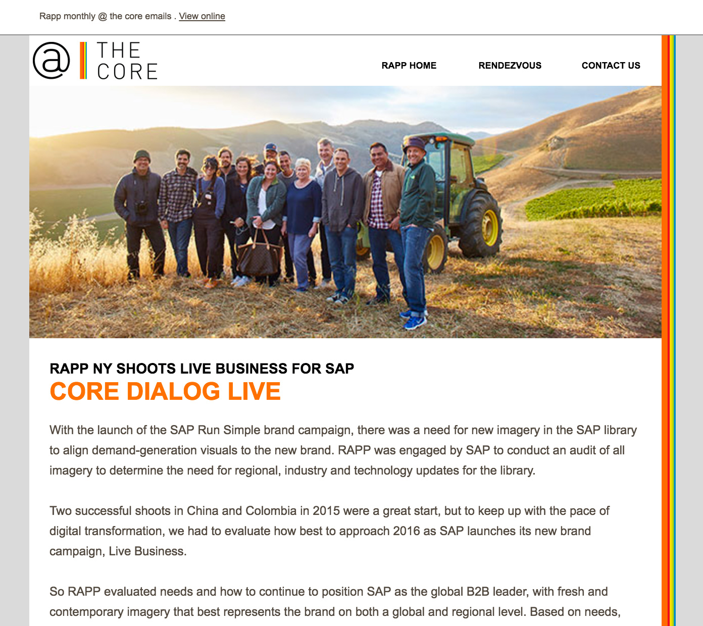A screenshot of an accessible email from Paul Airy, featuring a newsletter from The Core. Header image is a group of people smiling in front of a tractor on a grassy field.