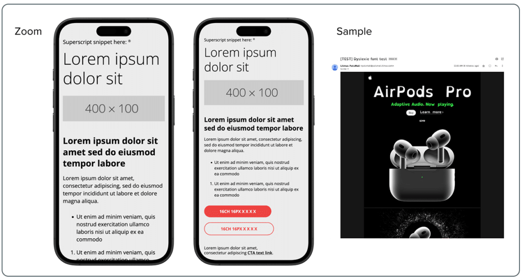 Visual and coding email layouts shown on two phones to demonstrate how the copy and images will display.